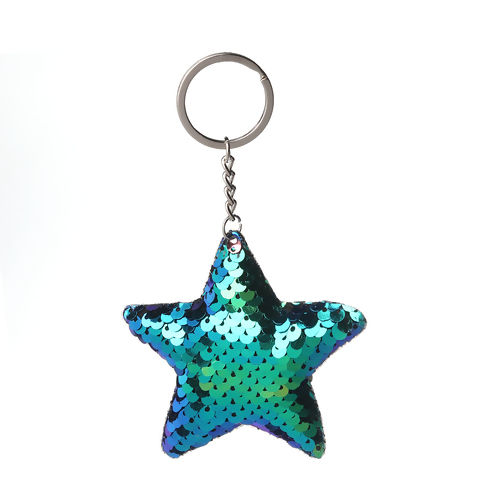 Bild von PVC Paillette Schlüsselkette & Schlüsselring Pentagramm Stern Silberfarbe Blau 13.5cm, 2 Stück