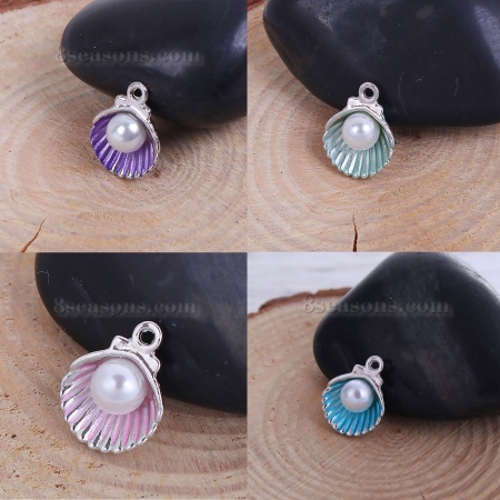 Zinc Based Alloy One Pearl Jewelry Charms Shell Silver Tone White & Green Acrylic Imitation Pearl 15mm( 5/8") x 12mm( 4/8"), 20 PCs