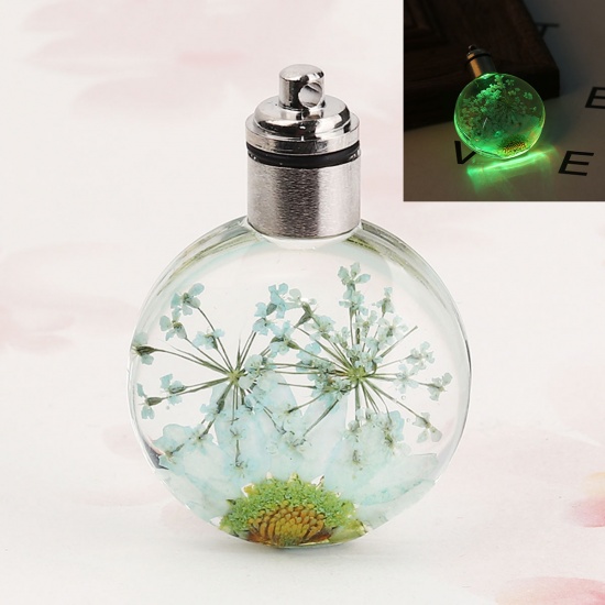 Bild von Glas & Getrockenete Blume Anhänger Rund Chrysantheme Lila Transparent LED Leuchten 43mm x 30mm, 2 Stück