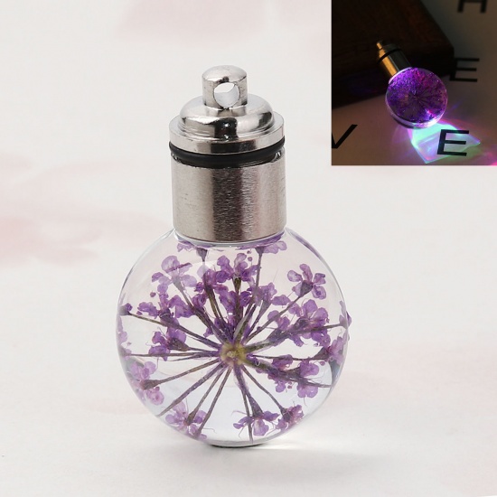 Picture of Glass & Dried Flower Pendants Ball Peacock Blue Transparent LED Light Up 33mm(1 2/8") x 20mm( 6/8"), 2 PCs
