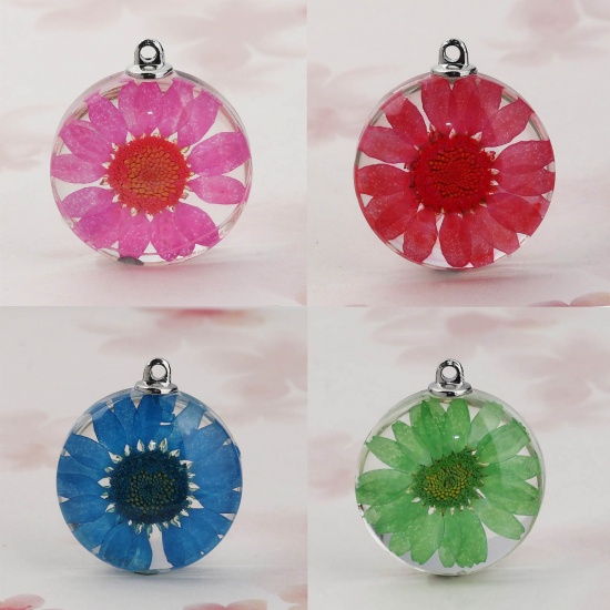 Picture of Glass & Dried Flower Charms Ball Green Transparent 28mm(1 1/8") x 20mm( 6/8"), 2 PCs