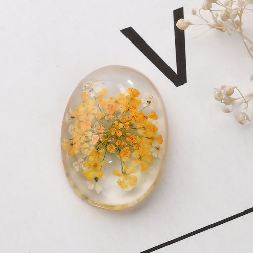 Picture of Resin Dome Seals Cabochon Oval Hot Pink Dried Flower Pattern Transparent 25mm(1") x 18mm( 6/8"), 10 PCs