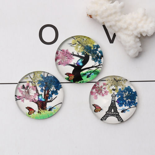 Picture of Glass & Dried Flower Dome Seals Cabochon Eiffel Tower Flatback At Random Butterfly Pattern Transparent 30mm(1 1/8") Dia, 3 PCs