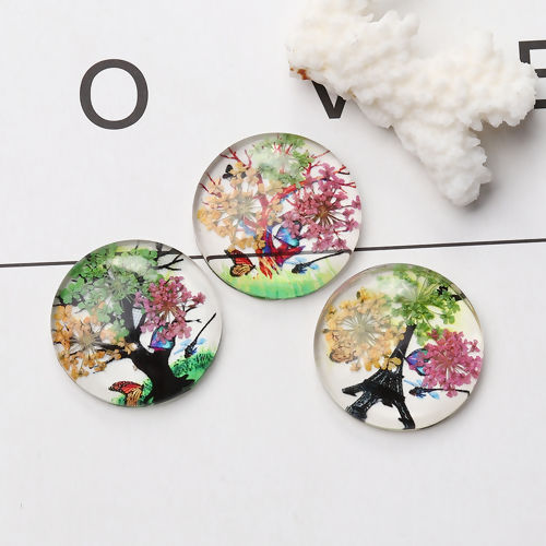 Picture of Glass & Dried Flower Dome Seals Cabochon Round Flatback Tree Pattern