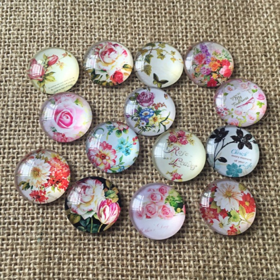 Picture of Glass Dome Seals Cabochon Round Flatback At Random Flower Pattern 12mm Dia, 100 PCs