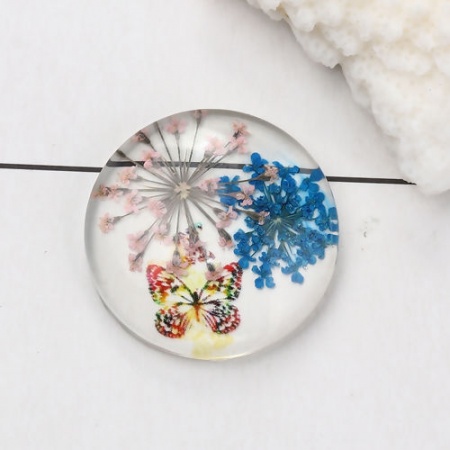 Glass & Dried Flower Dome Seals Cabochon Round Flatback Multicolor Butterfly Pattern Transparent 30mm(1 1/8") Dia, 3 PCs