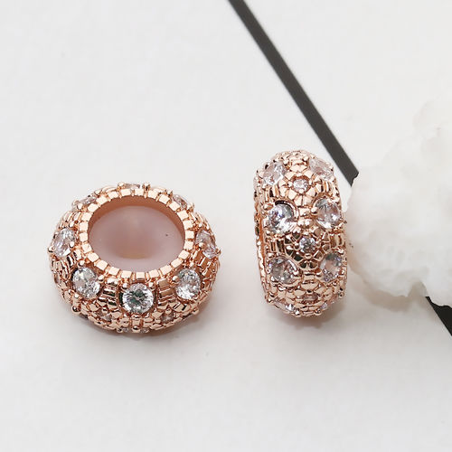 Picture of Brass Slider Clasp Beads Round Rose Gold With Adjustable Silicone Core Clear Cubic Zirconia 10mm( 3/8") Dia., Hole: 1.5mm, 1 Piece                                                                                                                            