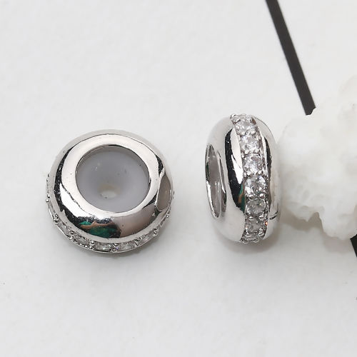 Bild von Messing & Kubisch Zirkonia Slider Verschluss-Perlen Rund Platin plattiert Transparent Mit Verstellbarem Silikonkern 10mm D., Loch: 1.5mm, 2 Stück                                                                                                             