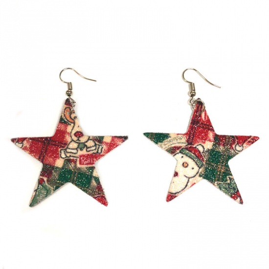 Picture of PU Leather Earrings Green Star Christmas 5cm(2"), 1 Pair