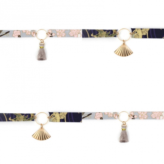Picture of Fabric Japanese Style Choker Necklace Black Fan Crane 30cm(11 6/8") long, 1 Piece