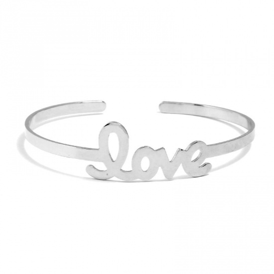 Picture of Brass Open Cuff Bangles Bracelets Silver Tone Message " LOVE " 6cm(2 3/8") Dia., 1 Piece                                                                                                                                                                      