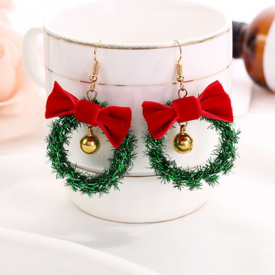 Image de Boucles d'Oreilles Doré Rouge & Vert Couronne de Noël Cloche 55mm x 35mm, 1 Paire