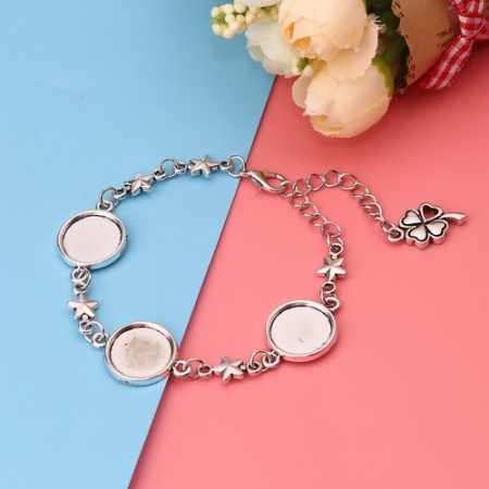 Bracelets Four Leaf Clover Antique Silver Heart Cabochon Settings (Fits 14mm Dia.) 17.5cm(6 7/8") long, 2 PCs