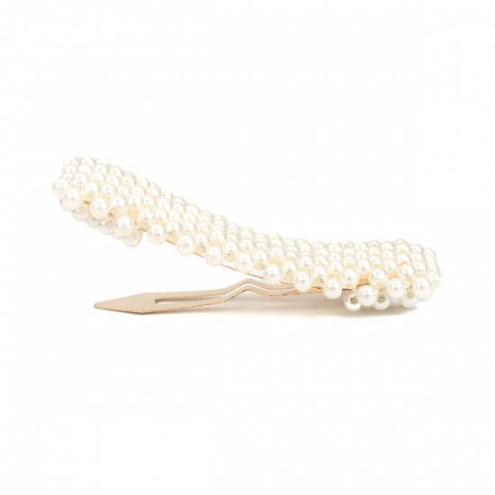 Picture of Zinc Based Alloy & Acrylic Hair Clips Findings Gold Plated White Flower Imitation Pearl 83mm x 13mm, 1 Piece