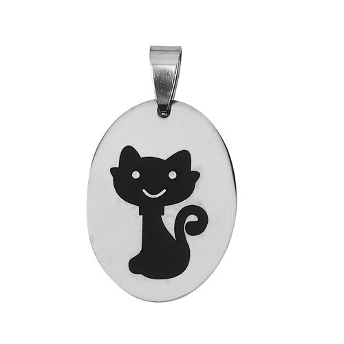 Picture of Stainless Steel Pendants Oval Cat Enamel