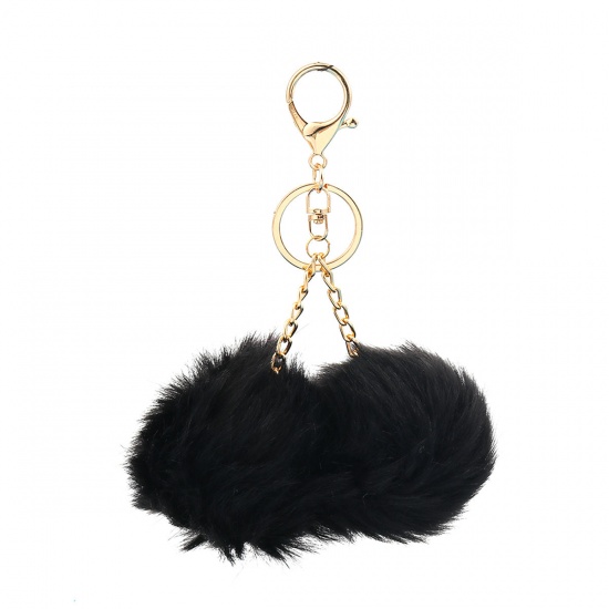 Picture of Plush Keychain & Keyring Pom Pom Ball Gold Plated White 17cm, 1 Piece