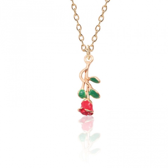 Picture of Necklace Gold Plated Pink & Green Rose Flower Enamel 45cm(17 6/8") long, 1 Piece