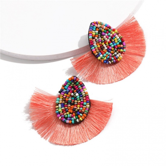 Picture of Glass & Polyester Tassel Earrings White Drop 65mm x 56mm, 1 Pair