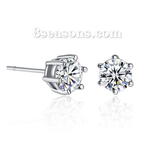 Picture of Brass Ear Post Stud Earrings Silver Tone Clear Cubic Zirconia Round 7mm( 2/8") x 6mm( 2/8"), Post/ Wire Size: (20 gauge), 1 Pair                                                                                                                              