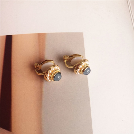 Picture of Ear Clips Earrings Gold Plated White Round 14mm Dia. - 12mm Dia., 1 Pair