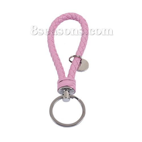 Picture of PU Leather Keychain & Keyring Round Silver Tone Mauve 14.2cm, 2 PCs