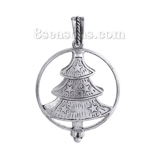 Picture of Zinc Based Alloy Aromatherapy Essential Oil Diffuser Locket Pendants Christmas Tree Antique Silver Color Round Cabochon Settings (Fit 3.2cm) Can Open 52mm(2") x 35mm(1 3/8"), 1 Piece