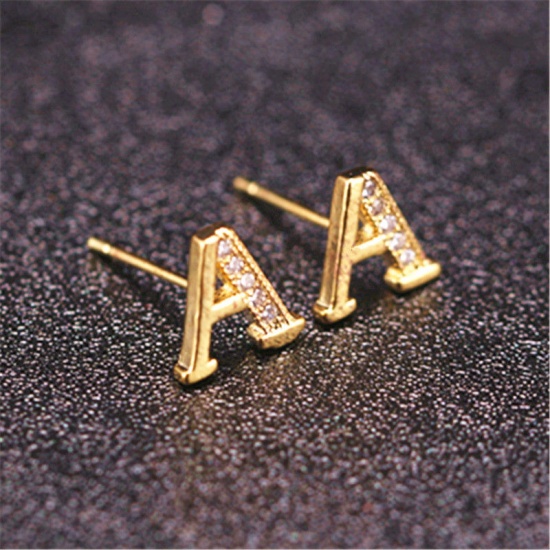 Imagen de Latón Pendientes Chapado en Oro Letras Mensaje A " Claro Circón Artificial 10mm x 8mm, 1 Par                                                                                                                                                                  