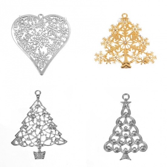Imagen de Colgantes Aleación + Brillantito de Árbol de Navidad , Argentado Copo de Nieve Navidad Patrón Transparente Diamantes de imitación Hueco 8cmx 7.7cm, 1 Unidad
