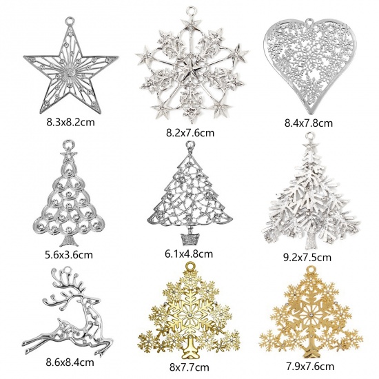 Immagine di Lega + Strass Charm Ciondoli Albero di Natale Argento Placcato Fiocco di Neve Scolpito Trasparente Strass Filigrana 8cm x 7.7cm , 1 Pz