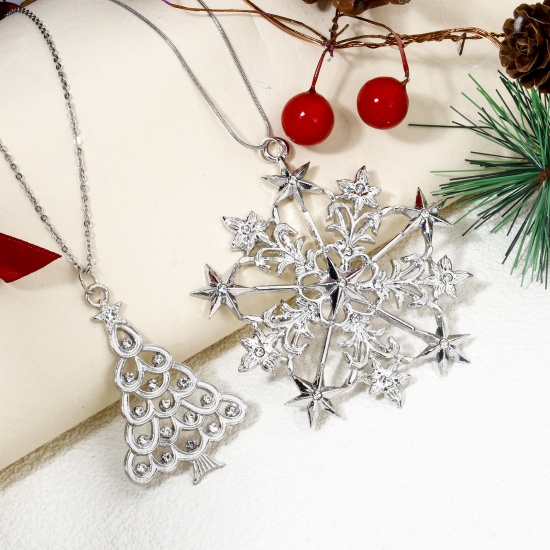 Immagine di Lega + Strass Charm Ciondoli Albero di Natale Argento Placcato Fiocco di Neve Scolpito Trasparente Strass Filigrana 8cm x 7.7cm , 1 Pz