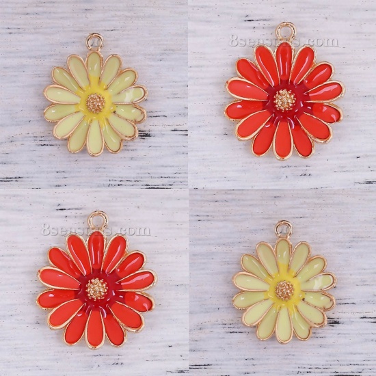 Picture of Zinc Based Alloy Charms Daisy Flower Gold Plated Orange-red Enamel 27mm(1 1/8") x 23mm( 7/8"), 5 PCs