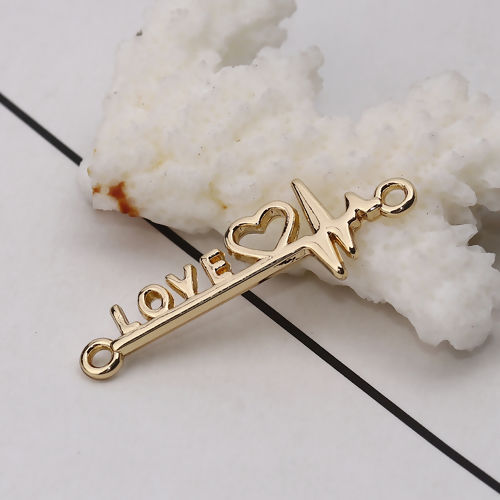 Picture of Zinc Based Alloy Connectors Heartbeat/ Electrocardiogram Silver Tone Heart " LOVE " 34mm x 12mm, 10 PCs