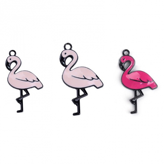 Picture of Zinc Based Alloy Pendants Flamingo Black Pink Enamel 43mm(1 6/8") x 23mm( 7/8"), 10 PCs