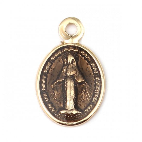 Imagen de Latón Colgantes Charms Óvalo Chapado en Oro Café Jesús Esmalte 13mm x 8mm, 10 Unidades