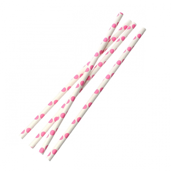 Picture of Paper Drinking Straws Party Supplies Cylinder White & Fuchsia Dot Pattern 20.8cm x9cm(8 2/8" x3 4/8"), 1 Packet (Approx 25 PCs/Packet)