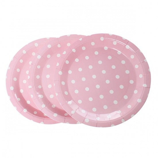 Picture of Paper Tableware Plates Party Food Round Pink & White Dot Pattern 23cm(9") Dia, 12 PCs