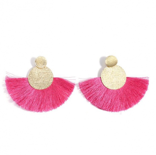 Picture of Polyester Tassel Earrings Gold Plated Green Blue Fan-shaped Round 1 Pair