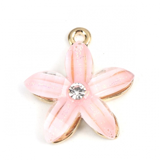 Picture of Zinc Based Alloy & Resin Charms Flower Gold Plated White Clear Rhinestone 21mm x 19mm, 10 PCs