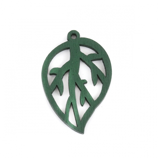 Picture of Natural Wood Pendants Leaf Dark Green Hollow 34mm x 23mm, 20 PCs