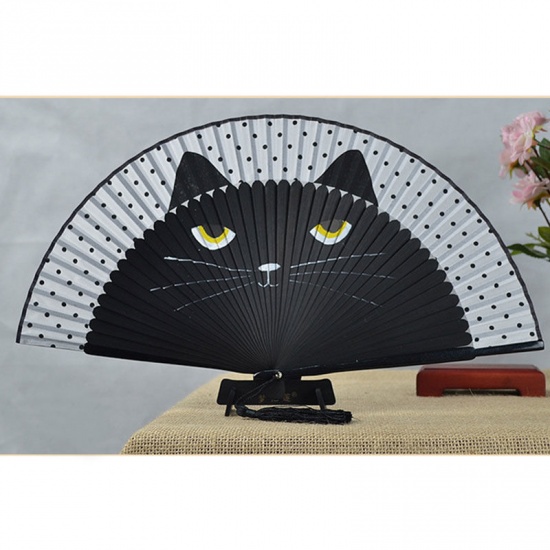 Picture of New Vintage Bamboo Silk Hand Fan Cartoon Cat Painted Folding Fan Craft