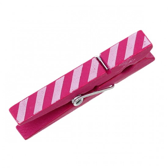 Picture of Wood Photo Paper Clothes Clothespin Clips Note Pegs Fuchsia Stripe Pattern 4.9cm x0.9cm(1 7/8" x 3/8"), 50 PCs
