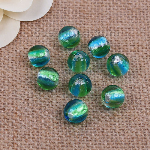 Picture of Lampwork Glass Beads Ball Purple & Blue Rainbow Foil About 12mm Dia, Hole: Approx 1.7mm, 3 PCs