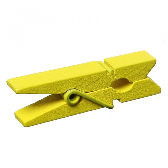 Picture of Wood Photo Paper Clothes Clothespin Clips Note Pegs Yellow 3.5cm x1cm(1 3/8" x 3/8"), 100 PCs