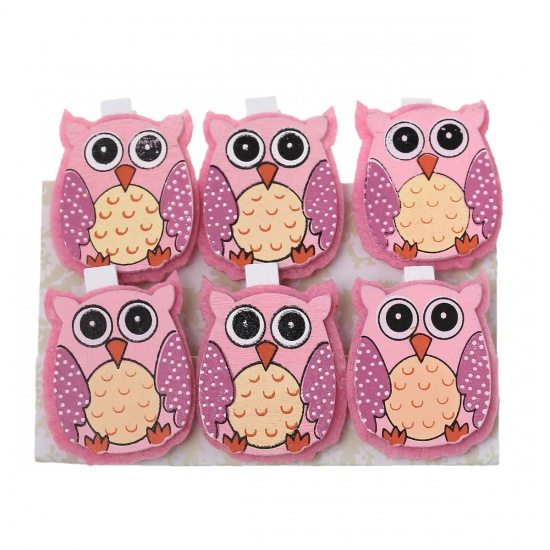 Picture of Wood & Nonwovens Photo Paper Clothes Clothespin Clips Note Pegs Pink Halloween Owl Pattern 3.9cm x3.2cm(1 4/8" x1 2/8"), 3 Plates(6 PCs/Plate)