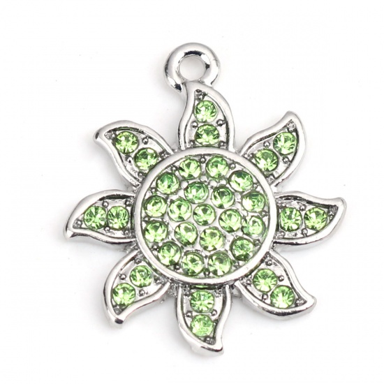 Picture of Zinc Based Alloy Galaxy Charms Sun Silver Tone Green Rhinestone 22mm x 19mm, 2 PCs