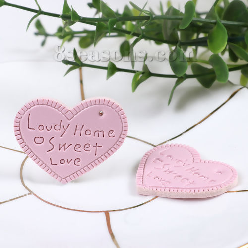 Picture of Faux Leather Pendants Heart Pink Message " Loudy Home Sweet Love " 38mm(1 4/8") x 30mm(1 1/8"), 10 PCs