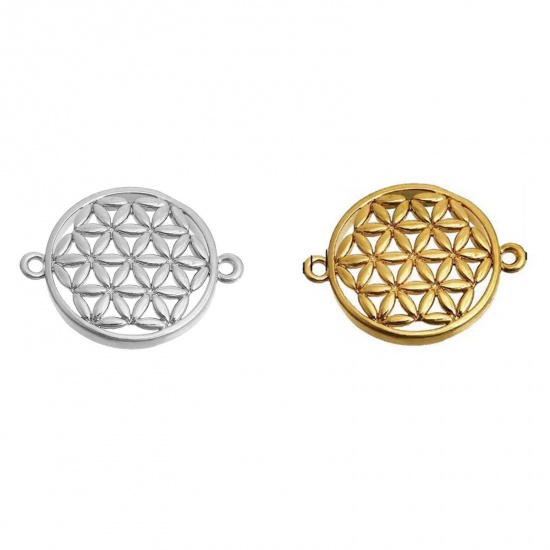 Picture of Brass Flower Of Life Connectors Findings Round Pattern Hollow Carved                                                                                                                                                                                          