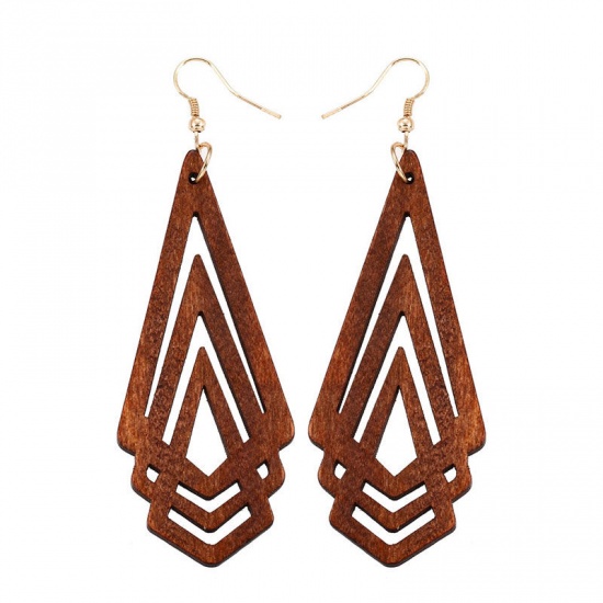 Picture of Wood Geometry Series Earrings Gold Plated Brown Oval 6.2cm x 3.7cm, 1 Pair