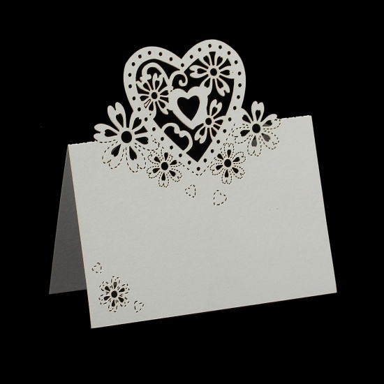 Picture of Paper Wedding Party Name Place Cards Heart Hollow White 11.8cm x8.8cm(4 5/8" x3 4/8"), 10 Sheets