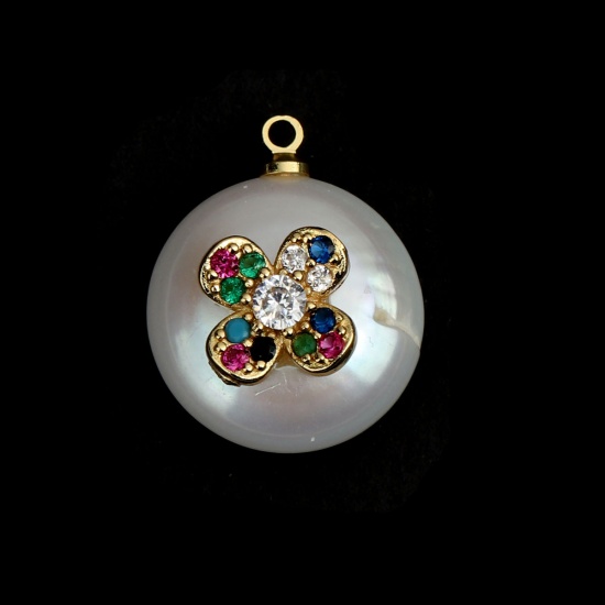 Picture of Pearl & Copper Galaxy Charms Round Gold Plated White Moon Multicolor Rhinestone Micro Pave 20mm x 16mm, 1 Piece